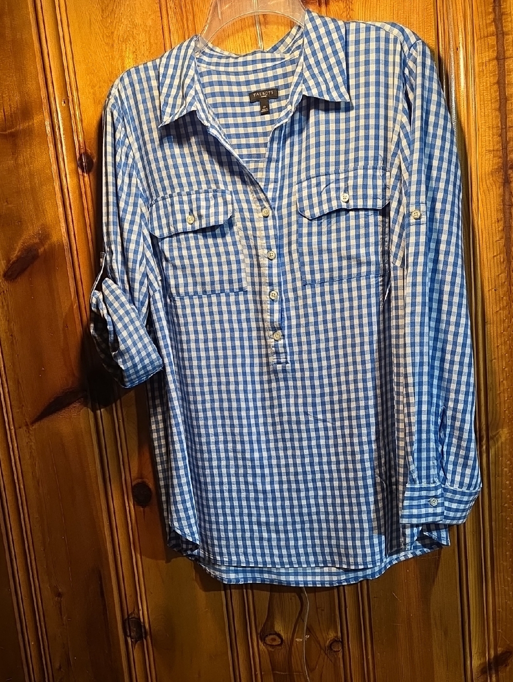 Talbots Blue and White Gingham Button-Front Casual Shirt